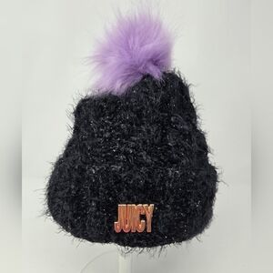 JUICY COUTURE BLACK BEANIE HAT LILAC PURPLE POM POM CAP WOMEN OS SPARKLE COZY